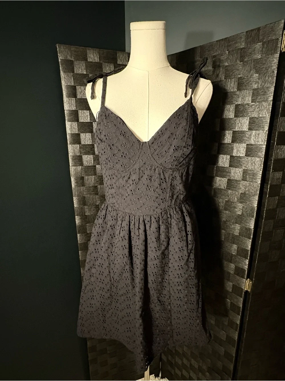 Self Esteem Black Eyelet Lace Corset Flare Sundress with Tie Straps